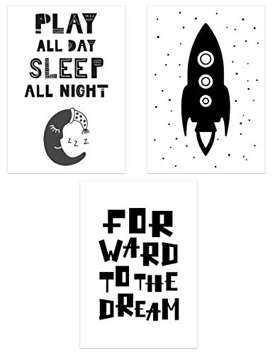 PICSonPAPER Kinderposter 3er-Set Rakete schwarz Weiss, ungerahmt DIN A4, Play All Day, Sleep All Night, Forward to The Dream, Rocket, modern von PICSonPAPER