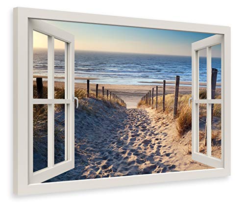 PICSonPAPER Leinwandbild Fensterblick zum Nordsee-Strand, 70 cm x 50 cm, Dekoration, Kunstdruck, Wandbild, Geschenk, Leinwand Natur von PICSonPAPER