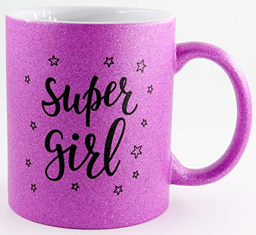 PICSonPAPER Lila Glitzertasse mit Spruch Supergirl, Kaffeetasse, Keramiktasse, Tasse mit lustigem Spruch, Sparkle, Glitzer, Purple (Supergirl) von Deqosy