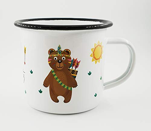 PICSonPAPER Personalisierbare Emaille-Tasse mit süßer Bären-Indianer-Illustration, Geschenk, Edelstahl-Becher, Metall-Tasse PICSonPAPER Personalisierbare Emaille-Tasse mit süßer Bären-Indianer-Illustration, Geschenk, Edelstahl-Becher, Metall-Tasse von PICSonPAPER