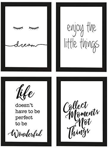 PICSonPAPER Poster 4er-Set Leben, gerahmt DIN A4, Dream, Enjoy The Little Things, Life Doesn't Have to be Perfect, Collect Moments (Dreamjoy, mit IKEA Fiskbo schwarz Rahmen) von PICSonPAPER