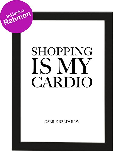 Deqosy Poster DIN A4 Shopping is My Cardio, gerahmt mit schwarzem Bilderrahmen, Geschenk, Geschenkidee, Geburtstagsgeschenk, Poster mit Rahmen, Kunstdruck, Typographie (Shopping) von Deqosy