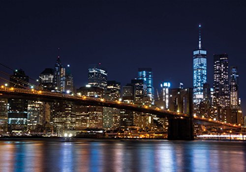 PICSonPAPER Poster New York, Manhattan Brooklyn Bridge, 100 cm breit x 70 cm hoch, Dekoration, Kunstdruck, Wandbild, Fineartprint, USA, Stadt, NY-City, Nacht, Premium Qualität von PICSonPAPER