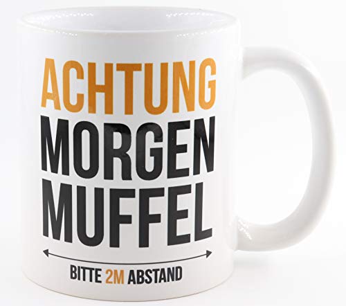 PICSonPAPER Tasse mit Spruch Achtung Morgenmuffel - Bitte 2 Meter Abstand, Kaffeetasse, Keramiktasse, Tasse mit lustigem Spruch von Deqosy