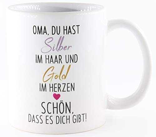 PICSonPAPER Tasse mit Spruch Oma du hast Silber im Haar und Gold im Herzen - Schön, DASS es Dich gibt, Kaffeetasse, Keramiktasse, Tasse Oma ist die Beste (schön) von PICSonPAPER