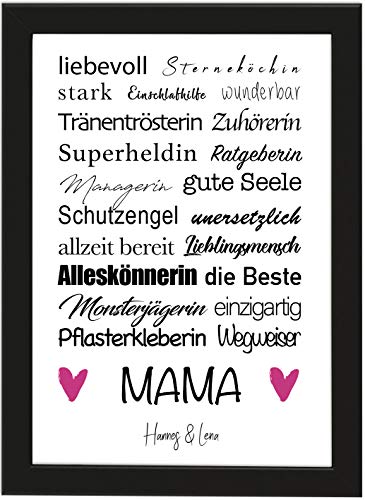 PICSonPAPER Personalisiertes Muttertagsgeschenk Poster DIN A4 Mama, liebevoll, Sterneköchin, stark, gerahmt mit schwarzem Bilderrahmen, Muttertag, Poster mit Rahmen, Personalisierbare Poster (Mama) von PICSonPAPER