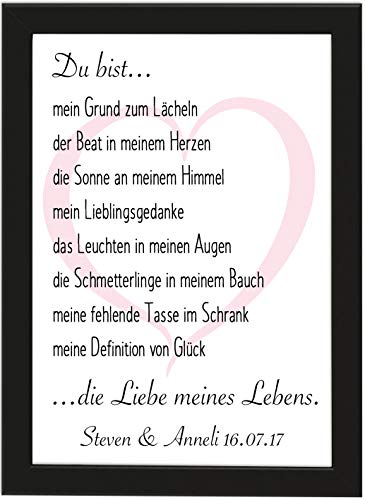 Personalisiertes Geschenk "Du bist die Liebe meines Lebens" Poster DIN A4, gerahmt mit schwarzem Bilderrahmen, Valentinstagsgeschenk für Sie und Ihn, Personalisierbares Poster (personalisierbar) von Deqosy