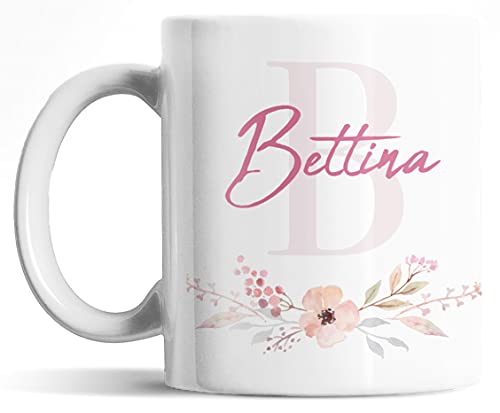 Tasse personalisiert mit Initiale und Namen, personalisierte Namens-Tasse, persönliche Geschenke Kaffee-Tasse mit Namen, weiß Keramik-Tasse mit Blumen von Deqosy