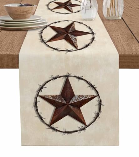 PIEPLE Western Texas Star Tischläufer, Baumwollleinen, Vintage-Stil, Braun 13x108 Inch Pentagramzld4838 von PIEPLE
