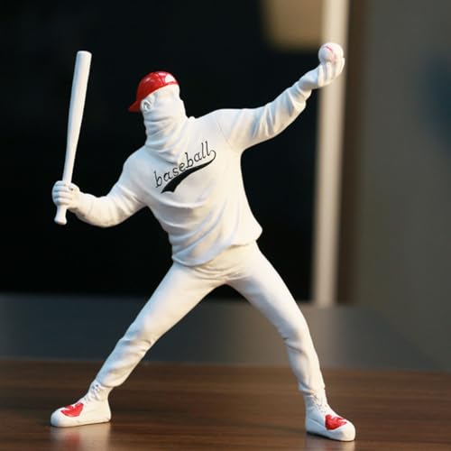 PIGPIGFLY Baseball Junge Statue，Deko Figuren,Deko Wohnzimmer,Home Store Dekoration, Modern Abstract Kunst Skulpturen Deko, Bürodekorationen,Polyresin, Geschenk(Weiss) von PIGPIGFLY