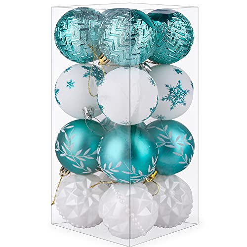 PIIDUOO Weihnachtskugeln Kunststoff Türkis Weiss Christbaumkugeln Set Kugeln Weihnachtsbaum Plastik Weihnachtsbaumkugeln Matt Weihnachtskugel Glitzer Christbaumschmuck, 6cm/2.36inch, 16pcs von PIIDUOO