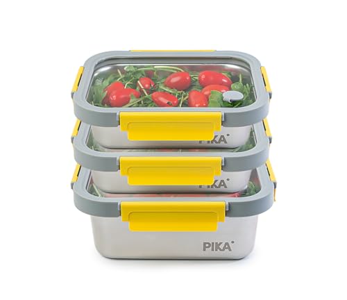 PIKA - Lebensmittelbehälter aus Edelstahl und Deckel aus gehärtetem Glas - luftdicht, geeignet für Mikrowelle, Backofen, Gefrierschrank und Geschirrspüler - MetalShock (3er-Set : 2x820ml + 1200ml) von PIKA
