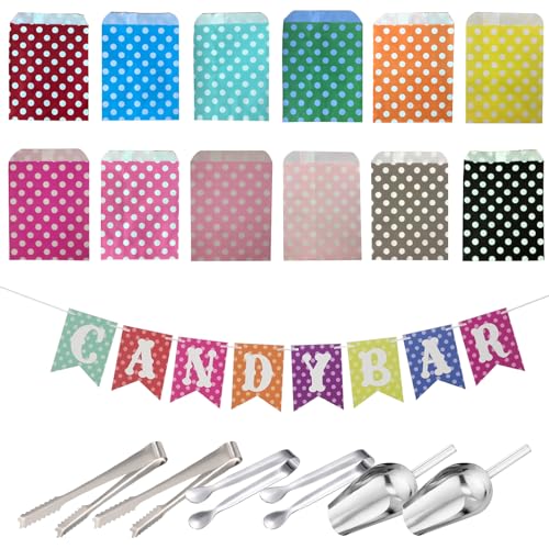 PIKABOOM Candy Bar Zubehör Set - 107-teiliges Candybar Tüten, Schaufeln, Zangen und Girlande - Perfekt für Hochzeiten und Partys - Hochwertiges Candy bar deko und zangen candybar Set von PIKABOOM