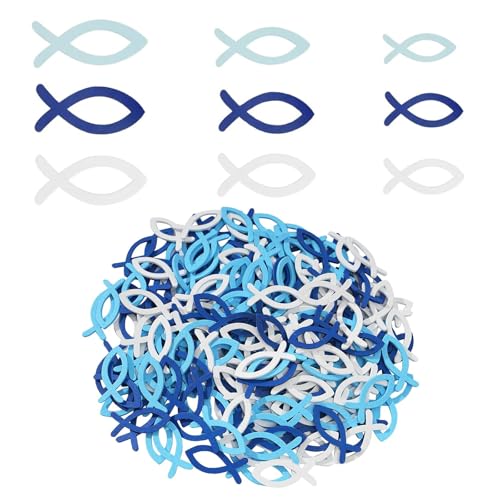 PIKABOOM Kreuz Fische Streudeko Konfirmation Kommunion - 90 Holzfische Tischdeko - blau weiß hellblau - 3 Größen 3.5cm 4cm 5cm - Holzfische Deko Erstkommunion Mädchen - Dekoration Konfirmation Junge von PIKABOOM