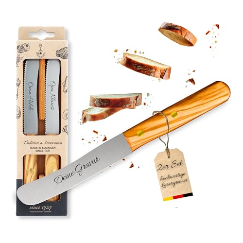 Brötchenmesser 2er Set mit eigener Gravur – Perfektes Präsent, Holzgriff Olive, Solingen, Brotmesser, Buckelsmesser, personalisiert von PIKAS SINCE 1727