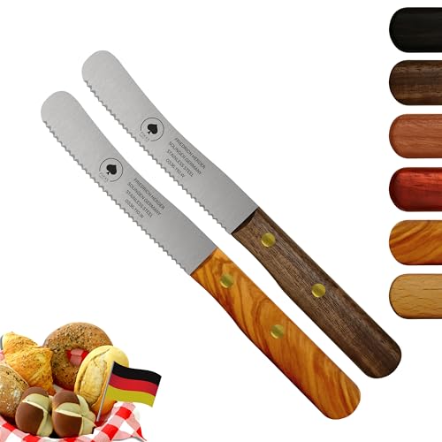 PIKAS - Solingen Messer 2er Set, Olive & Walnuss Holzgriff, Wellenschliff, Premium Buckelmesser, Frühstücksmesser, Brötchenmesser, rostfreie Klinge, Chrom-Stahl, extra scharfes Küchenmesser von PIKAS SINCE 1727