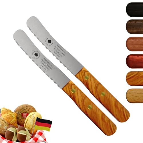 Solingen Messer, 2er Set Olive Holzgriff, Wellenschliff, Premium Buckelmesser, Klinge rostfrei 11cm - Küchenmesser, Brotmesser, Frühstücksmesser, Dünnschliff & Handabzug, Made in Germany von PIKAS SINCE 1727