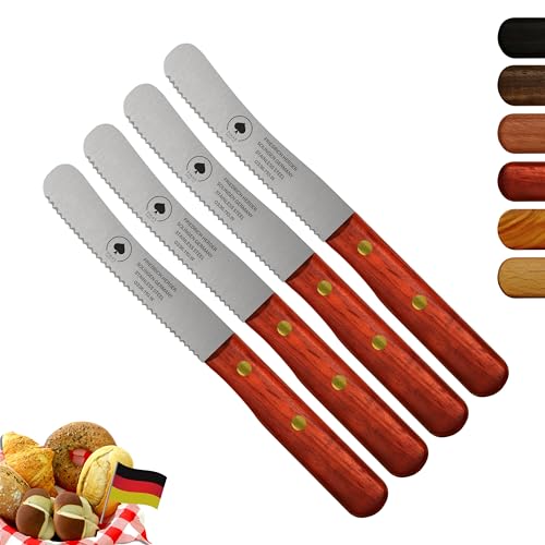 Solingen Messer, 4er Set Padouk Holzgriff, Wellenschliff, Premium Buckelmesser, Klinge rostfrei 11cm - Küchenmesser, Brotmesser, Frühstücksmesser, Dünnschliff & Handabzug, Made in Germany von PIKAS SINCE 1727