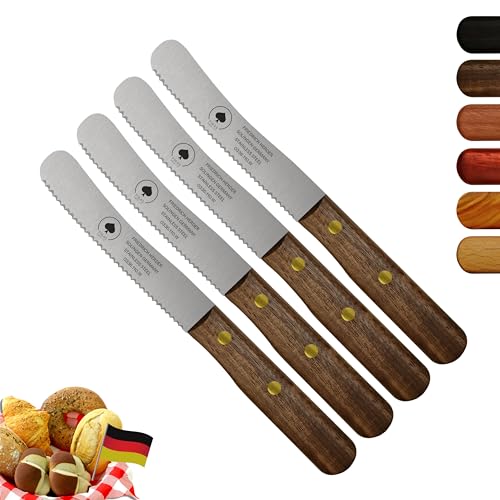 Solingen Messer, 4er Set Walnuss Holzgriff, Wellenschliff, Premium Buckelmesser, Klinge rostfrei 11cm - Küchenmesser, Brotmesser, Frühstücksmesser, Dünnschliff & Handabzug, Made in Germany von PIKAS SINCE 1727