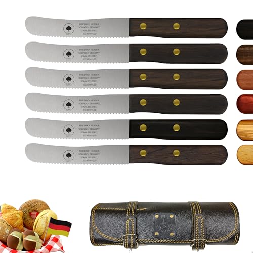 Solingen Messer 6er Set mit Wellenschliff inkl. hochwertiger Ledertasche, edler Holzgriff, Premium Buckelmesser, Frühstücksmesser, Brötchenmesser, rostfreie Klinge, extra scharfes Küchenmesser von PIKAS SINCE 1727