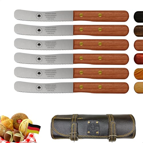 Solingen Messer 6er Set mit Wellenschliff inkl. hochwertiger Ledertasche, edler Kirsche Holzgriff, Premium Buckelmesser, Frühstücksmesser, Brötchenmesser, rostfrei, extra scharfes Küchenmesser von PIKAS SINCE 1727