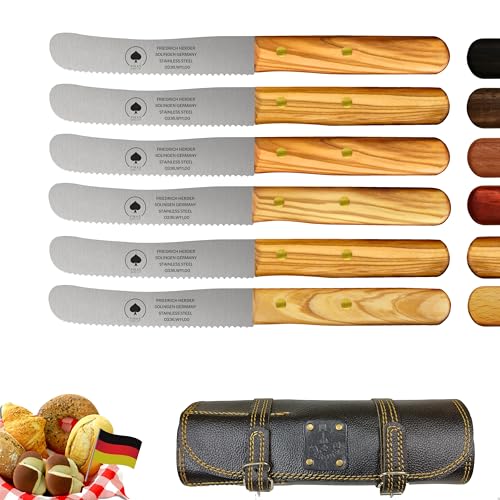 Solingen Messer 6er Set mit Wellenschliff inkl. hochwertiger Ledertasche, edler Olive Holzgriff, Premium Buckelmesser, Frühstücksmesser, Brötchenmesser, rostfreie Klinge, extra scharfes Küchenmesser von PIKAS SINCE 1727