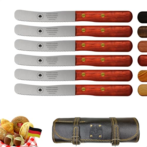 Solingen Messer 6er Set mit Wellenschliff inkl. hochwertiger Ledertasche, edler Padouk Holzgriff, Premium Buckelmesser, Frühstücksmesser, Brötchenmesser, rostfreie Klinge, extra scharfes Küchenmesser von PIKAS SINCE 1727