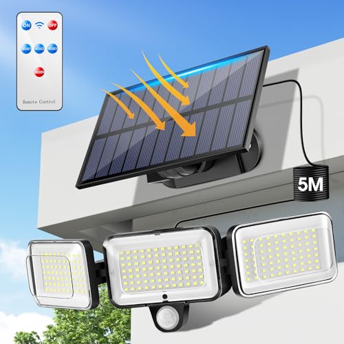 Solarlampen Für Außen, 224LED 2000lLM LED Solar Aussenleuchte mit Bewegungsmelder, 4 Modi + Fernbedienung Solarlampen für Außen mit Bewegungsmelder Solar Licht, IP65 Solarleuchte mit Bewegungsmelder von PIKOY