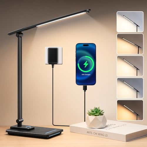 Schreibtischlampe mit CE Adapter & USB-Ladeanschluss Schreibtischlampe LED Dimmbare, 5 Farb und 15 Helligkeitsstufen Leselampe, Einstellbar Nachttischlampe Tischlampe,Timer Schreibtischlampe Kinder von PIKOY