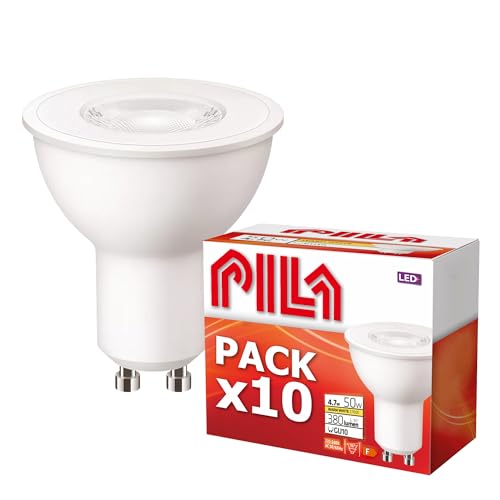 PILA 10er Pack LED-Strahler, 4,7W (= 50W Halogen), 400 Lumen, 36º (Akzentlicht), Nicht dimmbar, Ohne Transformator (GU10-Fassung), CRI80, Warmweißes Licht (2700K), 15.000h Lebensdauer von PILA