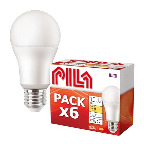 PILA 6er-Pack High Flux-LED-Lampen, Fat-Sockel (E27), 13 W (= 100 W Glühlampe), 1521 Lumen, nicht dimmbar, warmweißes Licht (2700 K), CRI80, 15.000 Stunden Lebensdauer von PILA