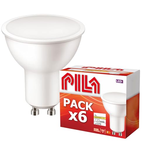 PILA 6er Pack High-Flux-LED-Strahler, 7W (= 80W Halogen), 720 Lumen, 120º Abstrahlwinkel, Nicht dimmbar, Ohne Trafo (GU10-Sockel), CRI80, Warmweißes Licht (2700K), 15.000 h Lebensdauer von PILA