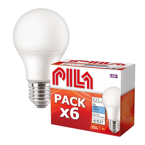 PILA 6er-Pack LED-Lampen, Fat-Sockel (E27), 8 W (= 60 W Glühlampe), 806 Lumen, nicht dimmbar, neutralweißes Licht (4000 K), CRI80, 15.000 Stunden Lebensdauer von PILA