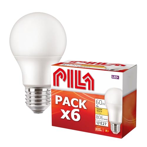 PILA 6er-Pack LED-Lampen, Fat-Sockel (E27), 8 W (= 60 W Glühlampe), 806 Lumen, nicht dimmbar, warmweißes Licht (2700 K), CRI80, 15.000 Stunden Lebensdauer von PILA