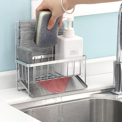 PILSAMAS SpüLbecken Organizer Edelstahl, Schwammhalter KüChe, SpüLlappenhalter, Spültuchhalter für Spülbecken - mit Verbessertem Abflusspfanne Design - EIN Must-Have KüChenorganizer, Küchen Gadgets von PILSAMAS
