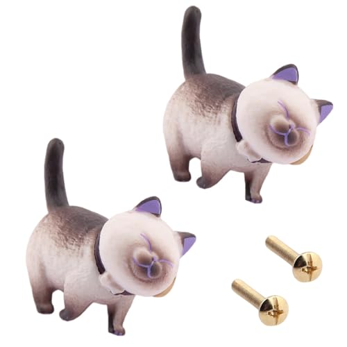 PILYON Schrank Griff 2 Stück Messing Drehbarer Katzengriff,Cartoon-Garderoben-Türknauf,Süßer Schubladenknopf,Siamesische Katze von PILYON