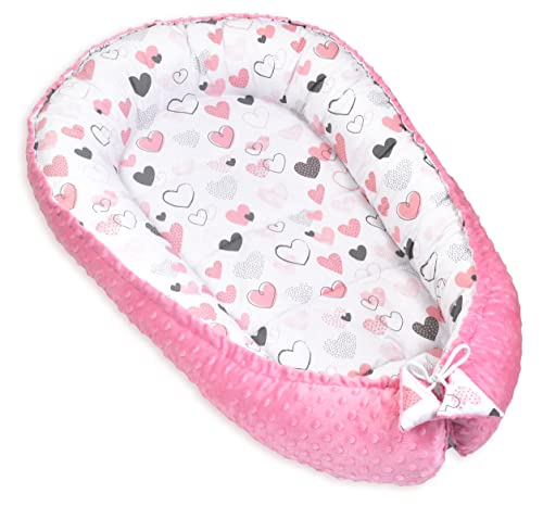 PIMKO Babynest Minky Babynestchen für Baby Kuschelnest Babykokon für Säuglinge und Neugeborene Nestchen Rosa Minky Herzen von PIMKO