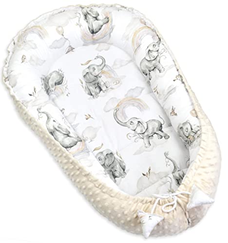 PIMKO Minky Babynestchen für Baby 2seitig Babynest für Baby Kuschelnest Babykokon für Säuglinge und Neugeborene Baby Nest für Zuhause - beige Elefanten von PIMKO