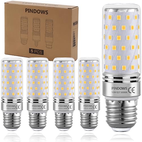 PINDOWS E27 LED Lampe 12W Warmweiß 3000K LED Mais Glühbirne,120W Glühbirnen-Äquivalent,1450LM Kann 100W~120W Glühlampe Leuchtmittel Ersetzen,Hohe Helligkeit CRI 80+,Nicht Dimmbar,5er-Pack von PINDOWS