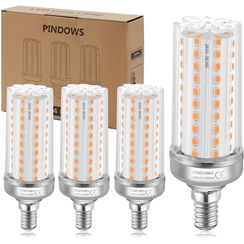 PINDOWS E14 LED Lampe 16W Warmweiß 3000K LED Mais Glühbirne,150W Glühbirnen-Äquivalent,1900LM Kann 120W~150W Glühlampe Leuchtmittel Ersetzen,Hohe Helligkeit CRI 80+,Nicht Dimmbar,4er-Pack von PINDOWS