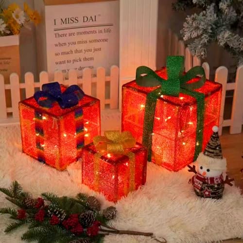 3-teiliges Weihnachts-Geschenkboxen mit Beleuchtung, batteriebetrieben, flauschiger Stoff mit Schleifen, Geschenk unter dem Weihnachtsbaum for Urlaub, Party, Heimdekoration, rotes Weihnachtshirsch/144 von PINFANSHIJIE