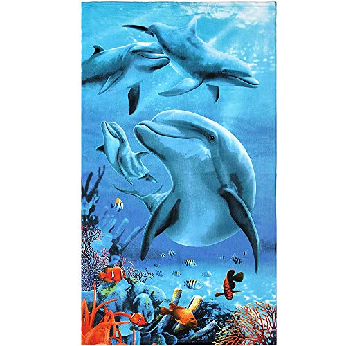 Extra-großes Strandhandtuch, 100 x 180 cm, Mikrofaser, für Herren und Damen, für Schwimmen, Spa, Reisen, Yoga, Sport, Camping, Tier- und Streifenmuster Dolphins von PING