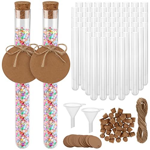 PINGEUI 60 Stück 20ml Reagenzglas mit Korken, Kunststoff Transparent Reagenzgläser mit Kraftpapier Etiketten und 20m Hanfseil, Reagenzgläser für Blumen, Badesalzbonbons, Hochzeit Deko, 16 x 150MM von PINGEUI