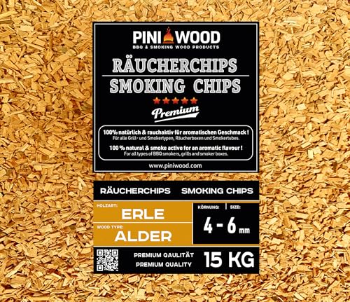 PINI 15 Kg Räucherchips Erle ohne Rinde 4-6 mm Smoking Chips Räucherspäne von PINI