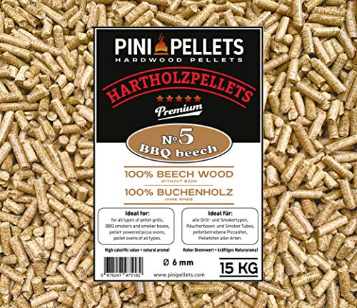 PINI Hartholz Pellets 100% Buche № 5 BBQ Beech 15 Kg Grillpellets zum Grillen Räuchern Smoken von PINI