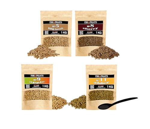 PINI Naturholzpellets Set 4X 1 kg für Smoker Räucherofen Auswahl aus 4 Sorten - Buchenpellets Nr 5, Kirschenpellets Nr 8, Apfelpellets Nr 9, Erlenpellets Nr 11 - sortenreines Holz PINI Naturholzpellets Set 4X 1 kg für Smoker Räucherofen Auswahl aus 4 Sorten - Buchenpellets Nr 5, Kirschenpellets Nr 8, Apfelpellets Nr 9, Erlenpellets Nr 11 - sortenreines Holz von PINI