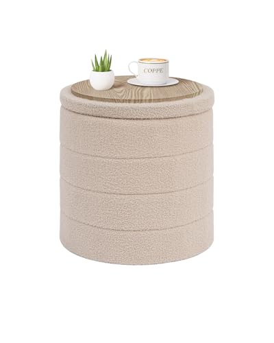 PINPLUS Hocker mit Stauraum Rund Aufbewahrungsbox mit Deckel, Faltbare Fußhocker Polsterhocker mit Stauraum 43x43x45 cm für Wohnzimmer, Schlafzimmer & Flur, Beige von PINPLUS
