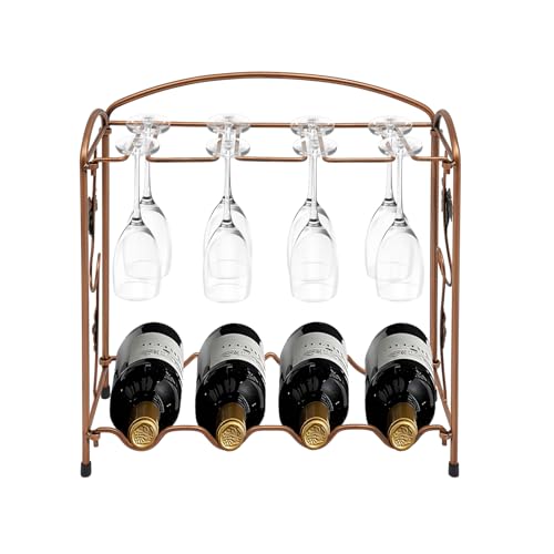 PINYELIN Weinregal mit Glashalter, 2 Etagen Weinregal Metall Kleiner Flaschenständer für 4 Weinflaschen & 8 Weingläser, Flaschenregal Schmal von PINYELIN