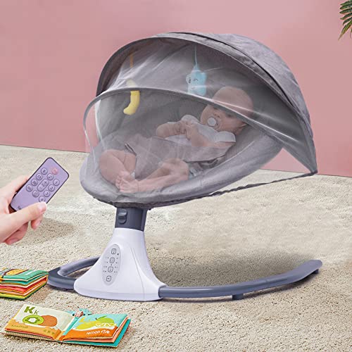 Babywippe Elektrische Babyschaukel mit Musik und Sitz, inkl. Spielzeug, Fernbedienung, Abnehmbares Moskitonetz und Verdeck, für 0~18 Monaten, Grau (grau) von PIOJNYEN