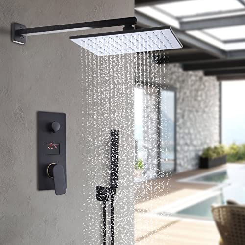 Duschsystem Schwarz Unterputz Duscharmatur Set Duschsystem mit Regendusche 30x30cm LED Nischendusche Kopfbrause Bad von PIOJNYEN